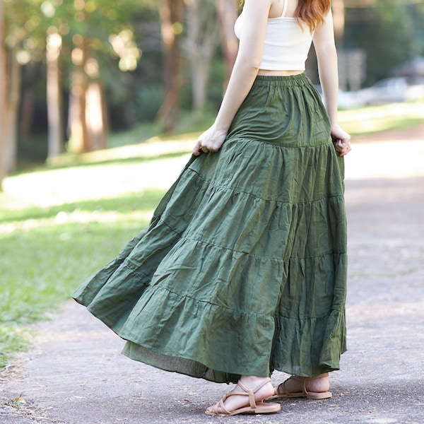 WOMENS GREEN LONG Cotton Ruffle Skirt - Full Circle Long Maxi Skirt - Comfortable Elastic Waist - Bohemian Fall Skirt Flowy Halloween Dress