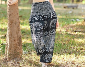 Harem Pants for Women Black Boho Pants with Elephant Print - Hippie Clothes High Waist Yoga Pants - Lounge Flowy Thai Pants for Summer