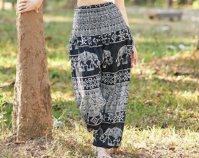 Handmade Rayon Harem Pants: Black Elephant Print Boho Yoga Lounge Pants
