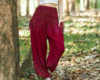 Boho Harem Pants Burgundy Womens Clothing - Hippie Rayon Pants Bohemian Clothing For Festival-Flowy Trousers For Women by Lannaclothesdesign