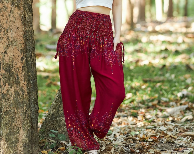 Handmade Burgundy Rayon Harem Pants: Boho Yoga Trousers
