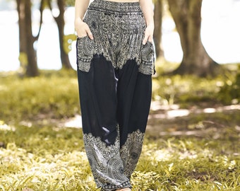 Schwarze Mandala-Haremshose, Boho-Flowy-Yoga-Hose, Hippie-Hose, Boho-Kleidung für Hippie-Frauen, Genie Aladdin-Ballon-Herbsthose