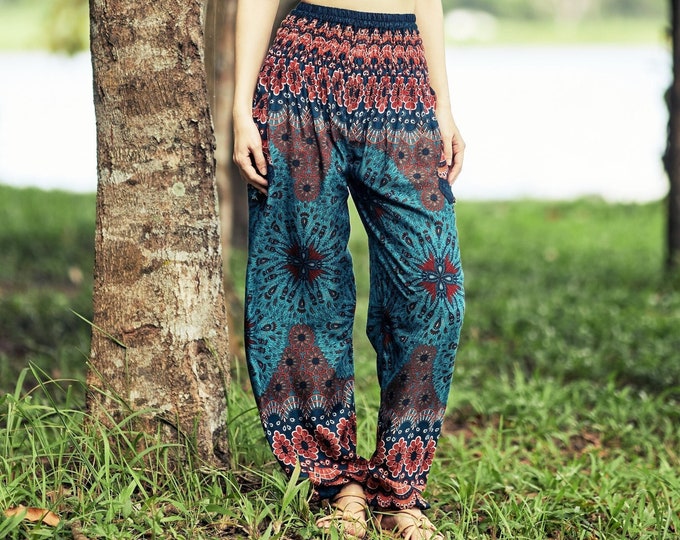 Teal Mandala Harem Pants: Rayon Hippie Yoga Trousers - Plus Size Available