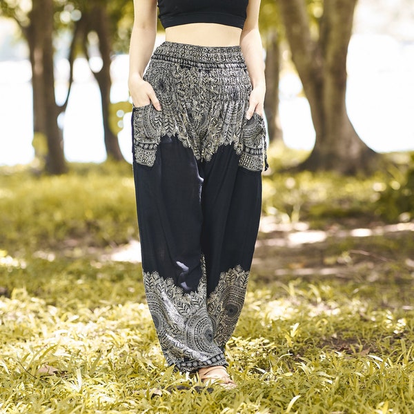 Black Mandala Harem Pants Boho Flowy Yoga Pants - Hippie Trousers - Bohemian Clothes for Hippy Women - Genie Aladdin Balloon Fall Pants