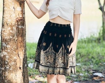 High Waisted Black Boho Skirt: Golden Print Rayon Skater Skirt
