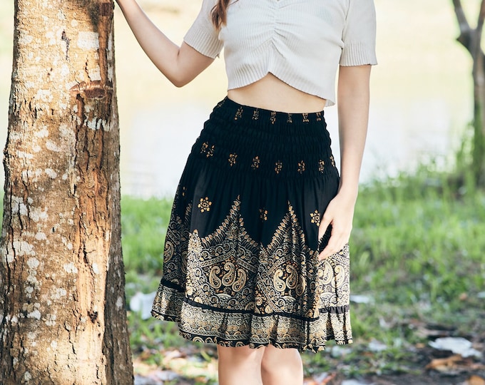 High Waisted Black Boho Skirt: Golden Print Rayon Skater Skirt