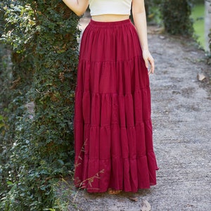 Saia longa de algodão com babados para mulheres - Saia longa longa circular completa Halloween - Cintura elástica confortável - Saia boho - Vestido boho tailandês fluido