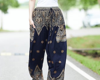 Dark Blue Harem Pants for Women Boho Thai Pants - Handmade Bohemian Trousers Festival Wear - Flowy Yoga Pants - Light Weight Comfy Clothing