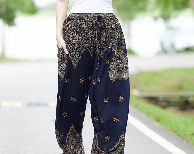 Dark Blue Harem Pants for Women Boho Thai Pants - Handmade Bohemian Trousers Festival Wear - Flowy Yoga Pants - Light Weight Comfy Clothing