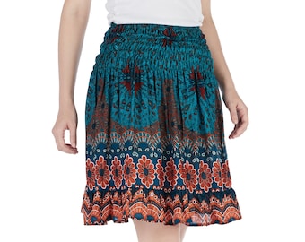 Teal Floral Rayon Skater Skirt: Bohemian High Waisted Mini Skirt