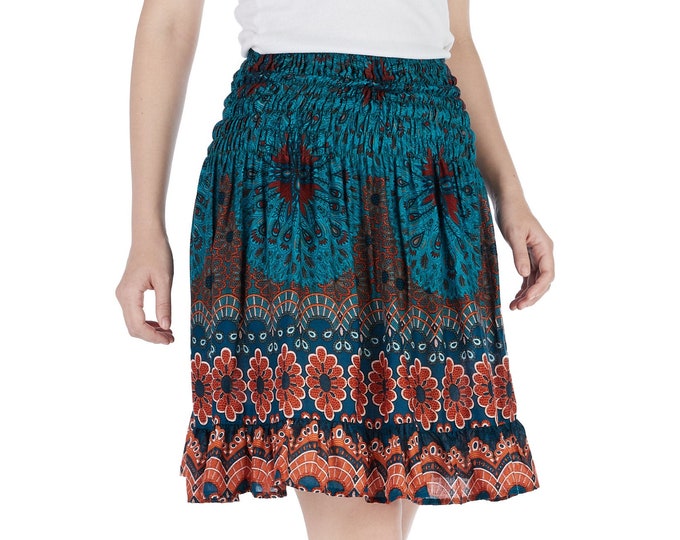 Teal Floral Rayon Skater Skirt: Bohemian High Waisted Mini Skirt