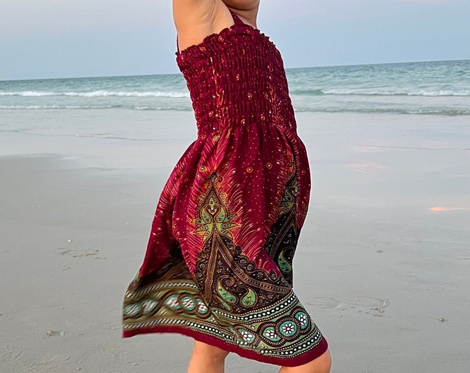 Girls' Burgundy Peacock Rayon Sundress: Boho Summer Dress