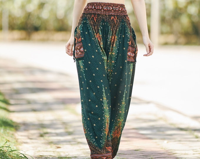Green Peacock Harem Pants Women Boho Rayon Lounge Trousers - Womens Clothing - Hippie Clothes - Festival pants with Pockets - Comfy Pants