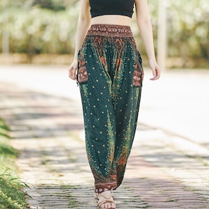 Green Hippie Pants Women Boho Lounge Pants Flowy Harem Trousers Bohemian Hippy Clothes Genie Gypsy Pants Fall Clothing image 1