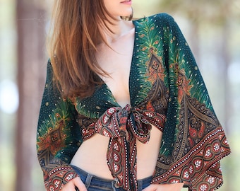 Blusas de verano para mujer - Camisas casuales para mujer - Top cruzado con mangas acampanadas para mujer - Ropa hippie para mujer - Top bohemio de manga larga - Top moderno