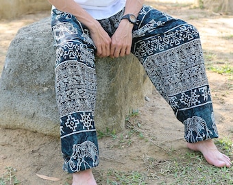 PANTALON LOUNGE HOMME Sarouel fluide imprimé éléphant Yoga Work out Festival Wear - Pantalon hippie avec poches pour homme