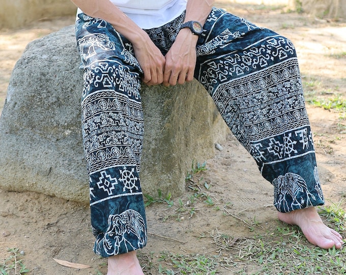 Featured listing image: MEN LOUNGE PANTS Flowy Harem Pants Elephant Print Yoga Work Out Festival Wear - Mens Hippie Pants with Pockets - Gift for Him