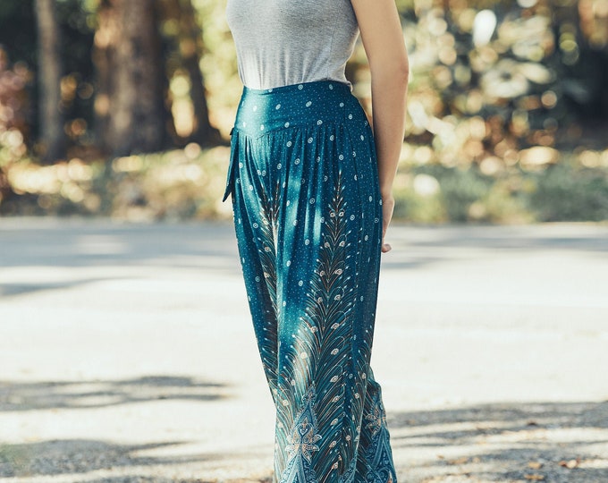 Teal Peacock Harem Pants: Boho Rayon Lounge Trousers