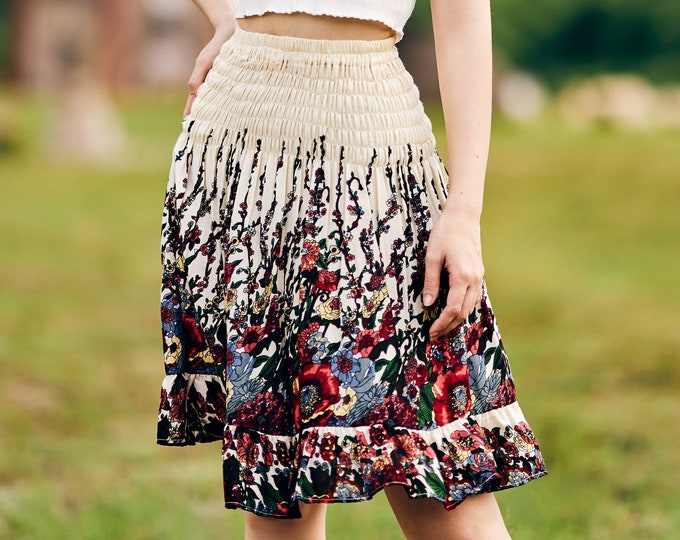 Ivory Floral Mini Skirt: High Waisted Ruffle Rayon Boho Skater Skirt