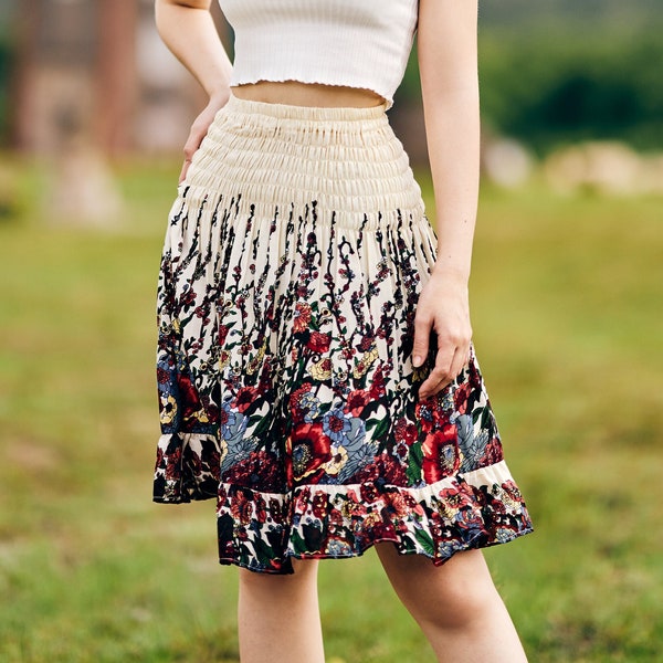 IVORY SHORT SKIRT Flower Print for Women High Waisted Ruffle Mini Skirts - Ladies Hippie Skirt - Plus Size Boho Floral Skirt for Girls