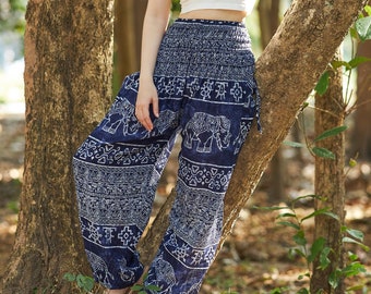 Pantalones Harem para Mujer Pantalones Boho Azul Oscuro con Estampado de Elefante - Ropa Hippie Pantalones de Yoga de Cintura Alta - Pantalones Tailandeses fluidos de Salón para el Verano