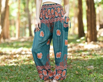 Pantaloni harem in rayon verde Pikalda: comodi pantaloni palazzo boho da donna TSW32 - Italia