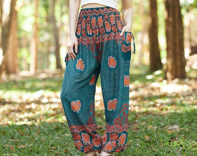 Elephant Print Harem Pants: Teal Boho Rayon Yoga Lounge Pants