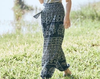 Black Elephant Print Harem Pants: Boho Festival Trousers