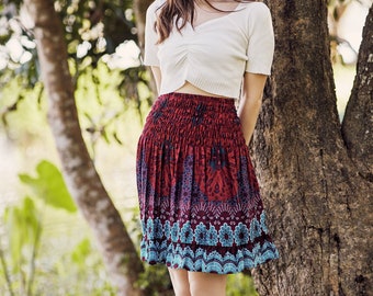 Red Floral Boho Mini Skirt: Hippie Rayon Skater Skirt