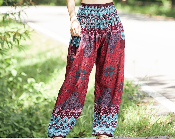 Red Flower Mandala Harem Pants: Bohemian Smocked Waist Rayon Yoga Trousers