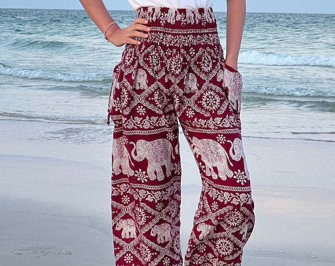 Kids Harem Pants: Burgundy Elephant Print Boho Trousers