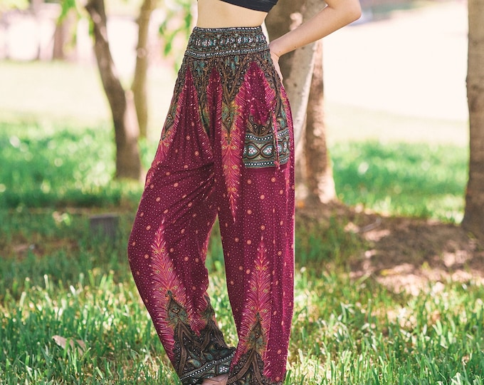 Burgundy Peacock Harem Pants: Boho Rayon Yoga Lounge Wear
