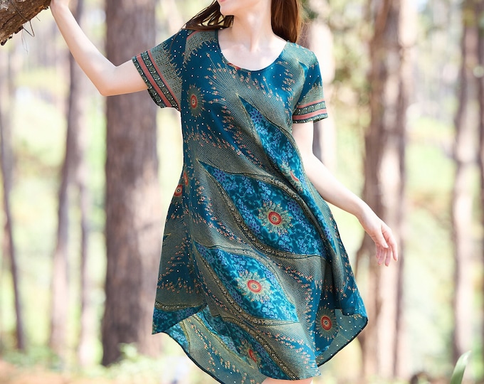 Handmade Teal Floral Rayon Dress: Boho Hippie Summer Clothing