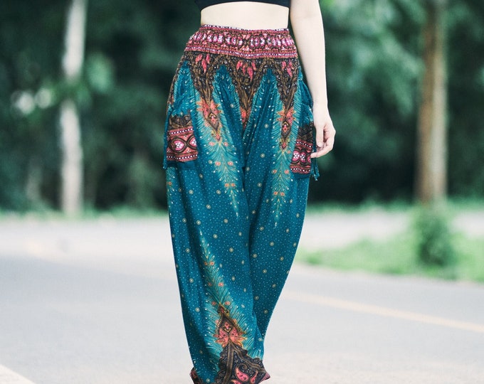 Teal Peacock Harem Pants: Boho Rayon Hippie Trousers, Plus Size