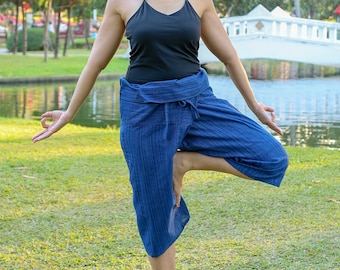 Blue Thai Fisherman Pants: 3/4 Length Cotton Harem Pants