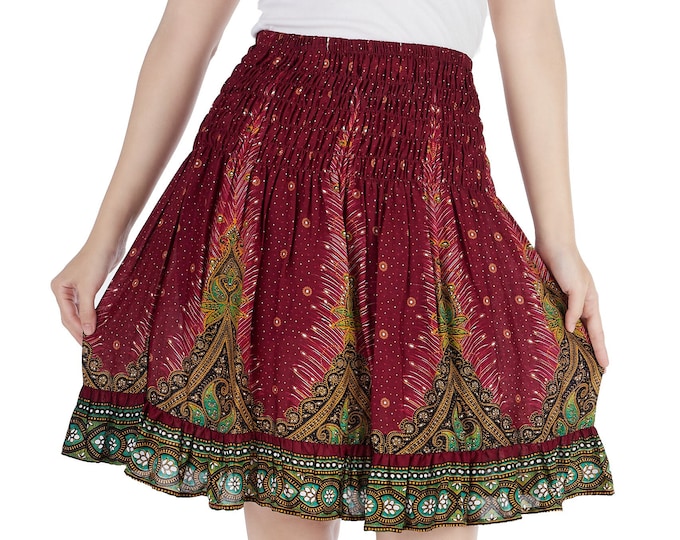 Peacock Print Boho Skirt: Burgundy Rayon Short Skater Dress