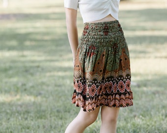 GREEN SHORT HIPPIE Skirt Women Mini Boho Skirt - Knee Length Bohemian Dress Girls - High Waisted Skater Skirt Floral Printed Circle Skirt