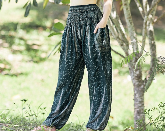 Green Peacock Harem Pants Women - Rayon Boho Yoga Trousers with Pockets - Womens Clothing Boho - Yoga Pants - Pajama Pants Lounge wear