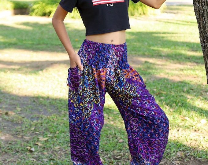Kids Purple Harem Pants: Lightweight Rayon Boho Trousers