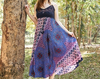 Blue Crochet Top Boho Dress: Rayon Sundress, Hippie Clothes