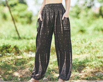 Pantalon hippie noir femme sarouel bohème yoga - pantalon hippie fluide - vêtements automne bohème - pantalon hippie Genie Aladdin