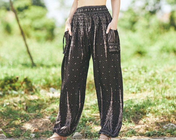 Black Rayon Harem Pants: Boho Hippie Yoga Trousers - Womens Clothing
