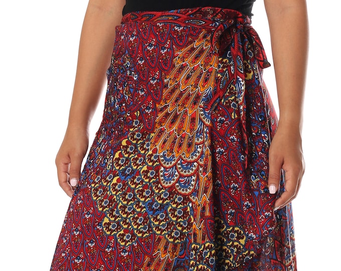 Red Boho Wrap Skirt: High Waist Rayon Midi Skirt