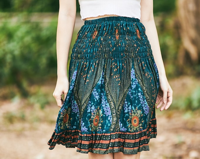 Teal Floral Print Skater Skirt: Rayon Boho Mini Skirt