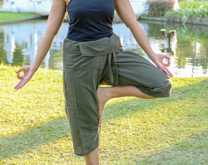 Olive Green Thai Fisherman Pants: Cotton Capri Harem Yoga Trousers