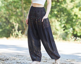 Black Rayon Harem Pants: Women's Boho Yoga Trousers