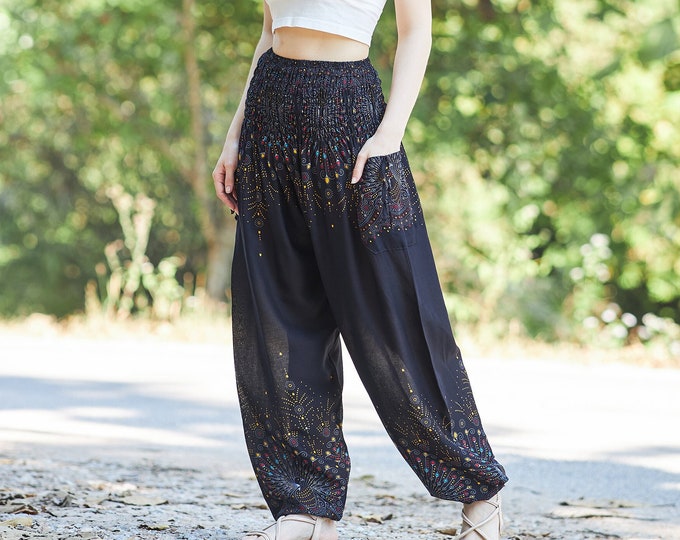 Black Rayon Harem Pants: Women's Boho Yoga Trousers
