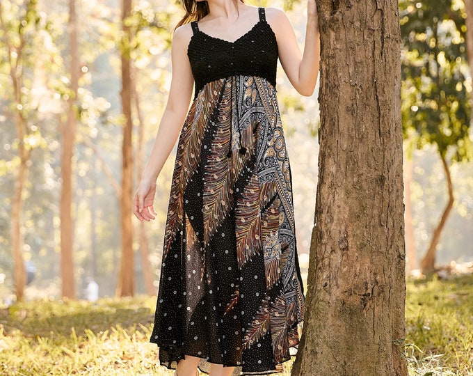 Boho Rayon Sundress: Black & Gold Crochet Top, Adjustable Straps