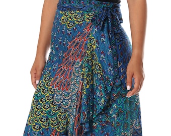 Blue Bohemian Wrap Skirt: High Waist Rayon Midi Skirt
