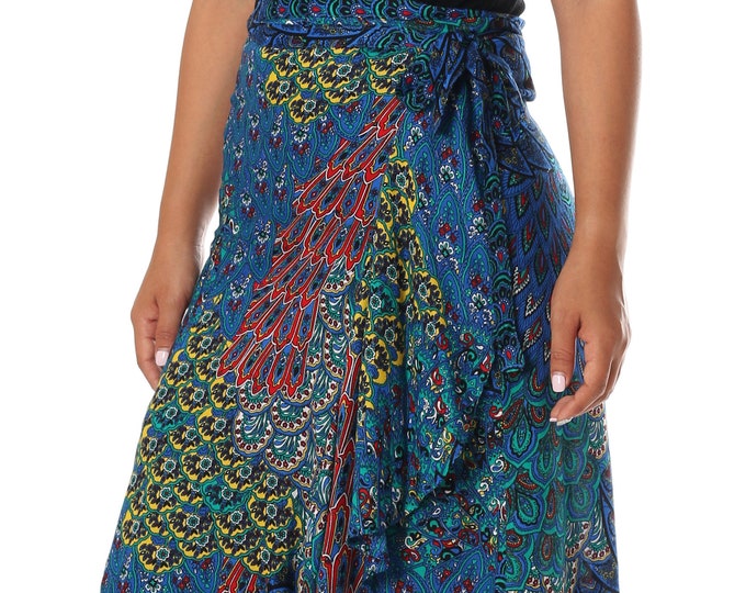 Blue Bohemian Wrap Skirt: High Waist Rayon Midi Skirt